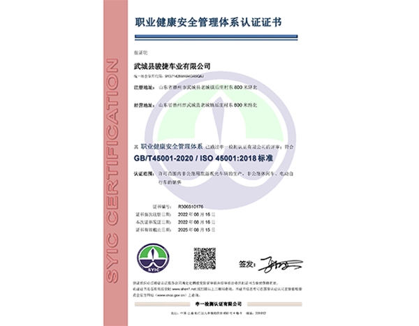 職業(yè)健康安全管理體系認(rèn)證證書